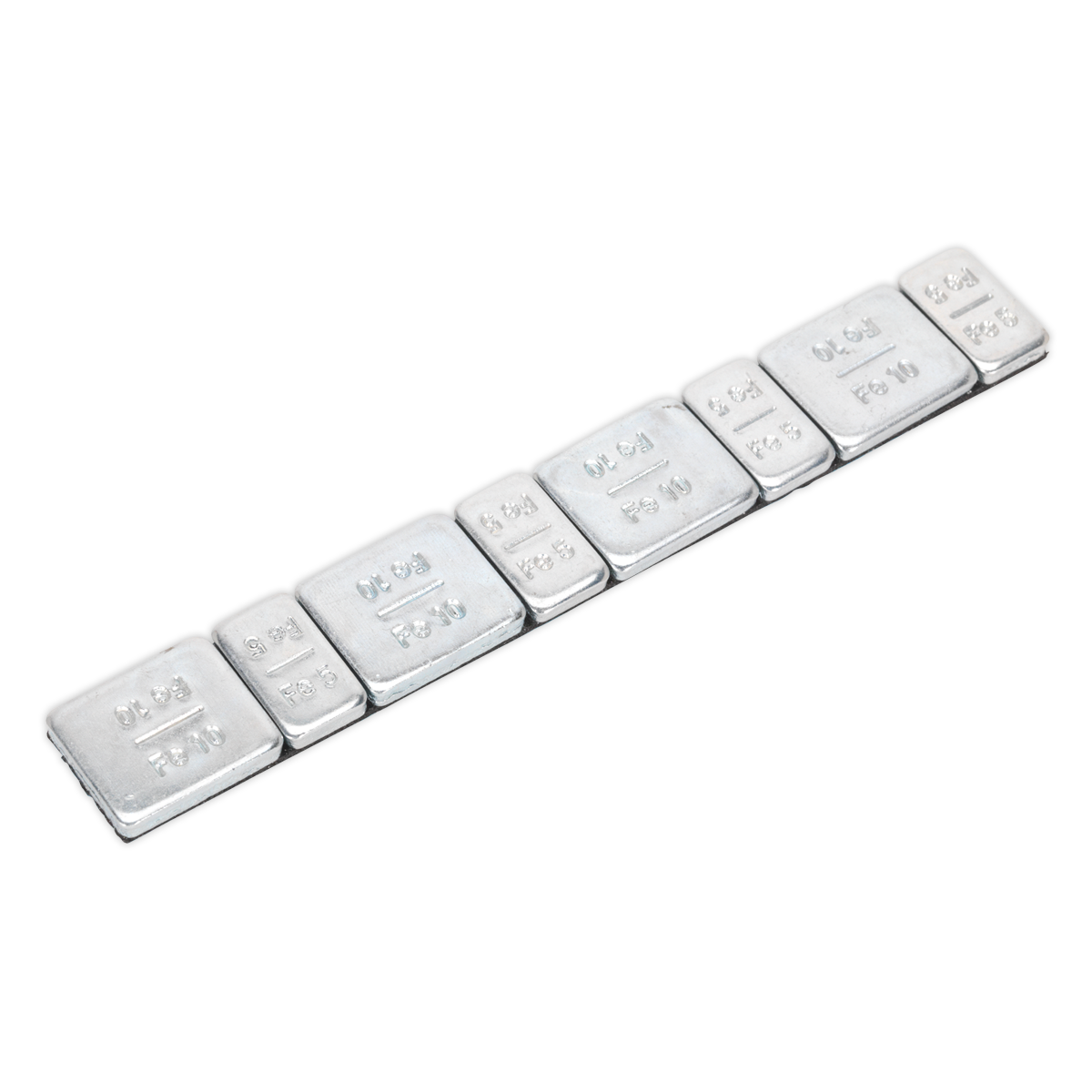 Displayed alongside a zinc-plated adhesive wheel weight strip, designed for alloy rims, is a row of eight engraved silver bars - each detailing its weight and purity. The Sealey Wheel Weight 5 & 10g Adhesive Zinc Plated Steel Strip of 8 (4 x Each Weight) Pack of 100 - WWSA510 provides this precision and reliability.