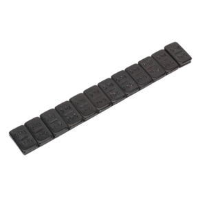 Image of a Sealey Wheel Weight 5g Adhesive Zinc Plated Steel Black Strip of 12 (Pack of 50 - WWSA5B), similar in appearance to a Braille strip with multiple cells and raised dots, designed to adhere securely to alloy rims for use by the visually impaired.
