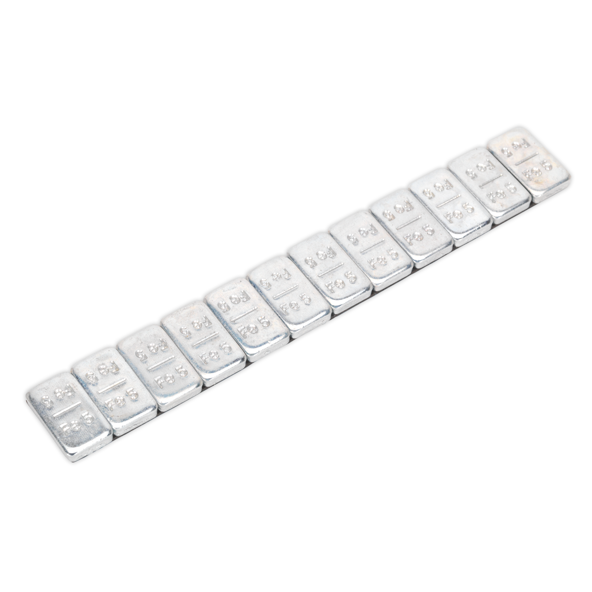 A row of fifteen Sealey Wheel Weight 5g Adhesive Zinc Plated Steel Strips, placed in a straight line.