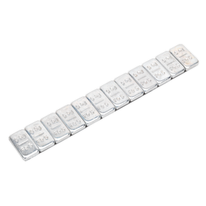 A row of fifteen Sealey Wheel Weight 5g Adhesive Zinc Plated Steel Strips, placed in a straight line.