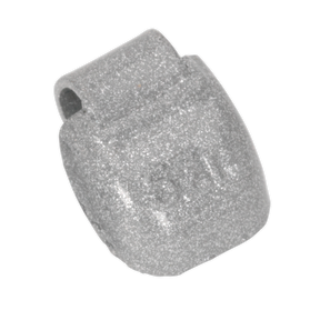 Close-up image of a Sealey Wheel Weight 5g Hammer-On Zinc for Steel Wheels, Pack of 100 (WWSH05), a gray, metallic, cylindrical object with a notch on one side and faint text or markings visible on its surface.