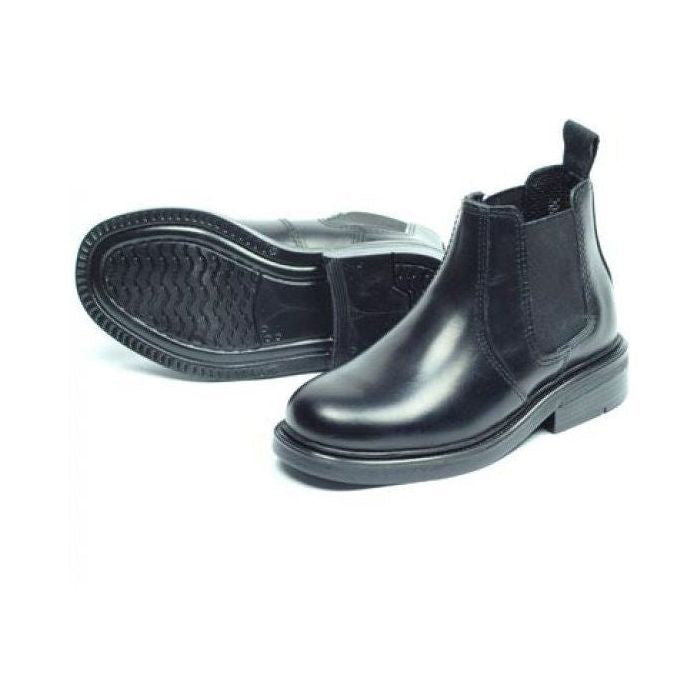 The Buckler - Walton Kids Dealer Boots Black - B15778BK are durable and comfortable black leather Chelsea boots with elastic side panels and a pull tab at the back, positioned on a white background.