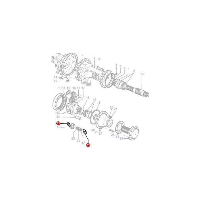 Exploded view diagram of a Massey Ferguson 100 Series mechanical assembly with numbered tractor parts, including gears, shafts, the AGCO-branded Washer - 184441M1, and bearings, laid out in sequential order for clarity.