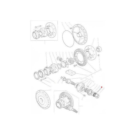 Exploded view of a mechanical assembly with various components, including gears, bearings, bolts, and the AGCO Massey Ferguson Washer Differential (Part Number: 180455M1) from the 100 Series Massey Ferguson tractor parts, arranged in sequence to show their order of assembly.