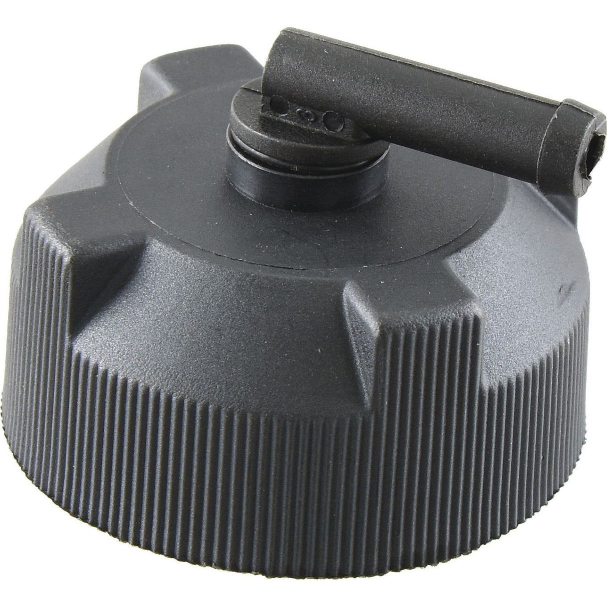 Close-up of a black plastic Sparex Water Tank Cap (Sparex Part No.S.141011), featuring a handle on top for easy tightening and loosening.