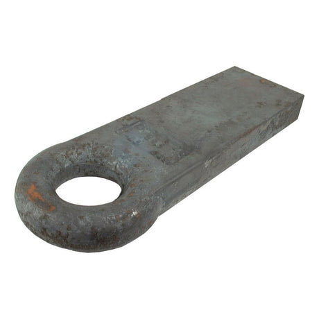 A rectangular metal piece with a round hole at one end, displaying signs of rust and wear, crafted to Sparex Standard specifications. The product is the Weld on Towing Eye - 12" - Straight - S.14608 from the brand Sparex.