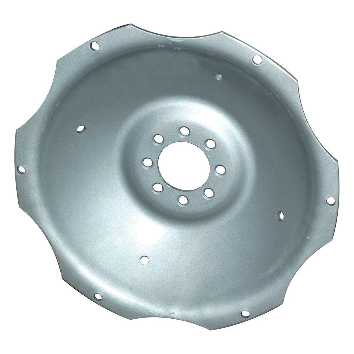 The Sparex Wheel Disc, Part No. S.42170, is designed for Ford/New Holland tractors and features a circular metal structure with a flat, wavy edge and multiple small holes arranged in a circular pattern around a central hole, equipped with 6 lugs for secure attachment.