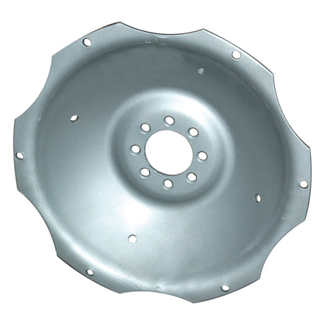 The Sparex Wheel Disc, Part No. S.42170, is designed for Ford/New Holland tractors and features a circular metal structure with a flat, wavy edge and multiple small holes arranged in a circular pattern around a central hole, equipped with 6 lugs for secure attachment.