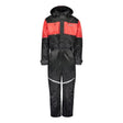 The Valtra Winter Overalls (model V4280910) by AGCO feature a black and red waterproof design with a hood, front zipper, reflective details, and branded text on the chest. These warm overalls ensure comfort while their water-repellent leg material keeps you dry.