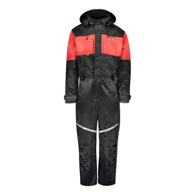 The Valtra Winter Overalls (model V4280910) by AGCO feature a black and red waterproof design with a hood, front zipper, reflective details, and branded text on the chest. These warm overalls ensure comfort while their water-repellent leg material keeps you dry.
