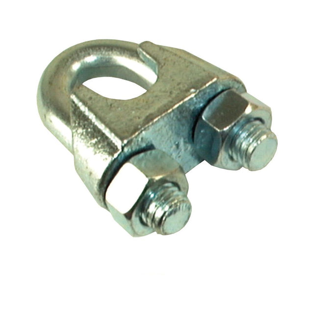 Close-up of a metallic U-bolt clamp with two hexagonal nuts and bolts tightened in place, featuring the Sparex Wire Rope Clip, Wire Ø11mm (7/16") | Sparex Part No. S.1375.