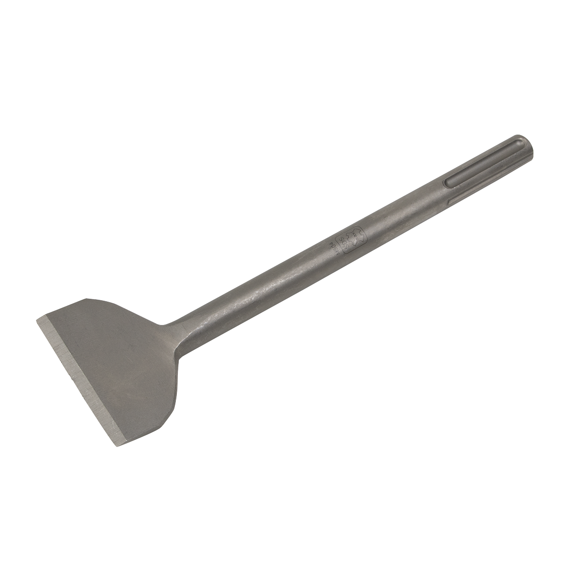 The Sealey Wide Chisel 75 x 600mm - SDS MAX - X4WCB is a metal tool featuring a flat, chisel-like blade and a cylindrical handle, designed for scraping or cutting surfaces, making it ideal for use with an SDS MAX Chisel.