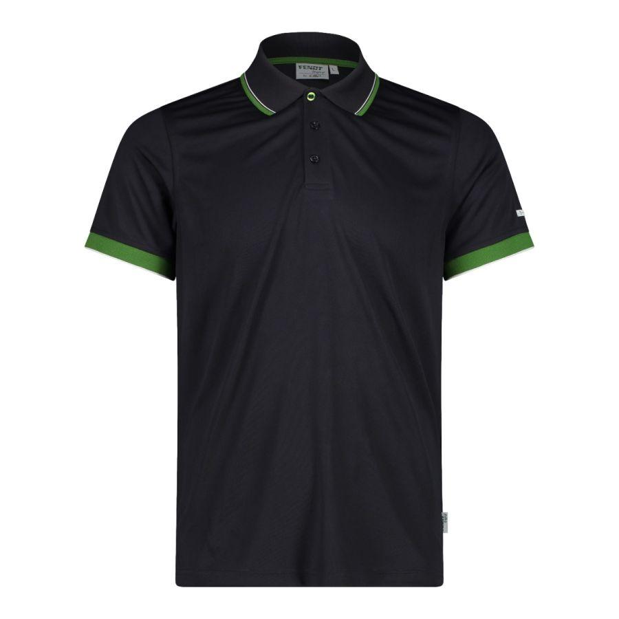 The AGCO Fendt Men's Poloshirt (X99102202C) in black, accented with green trim on the collar and sleeves, includes a three-button placket and Dry Function technology for enhanced breathability.