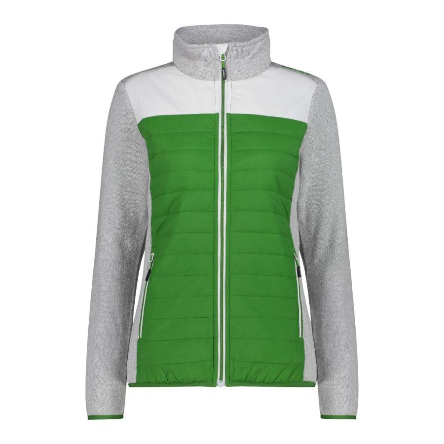 The AGCO Fendt Women's Hybrid Jacket in gray and green (X99102204C) features a high collar, two front zippered pockets, and padded waistcoat styling. This jacket is also water-resistant, adding to its practicality.