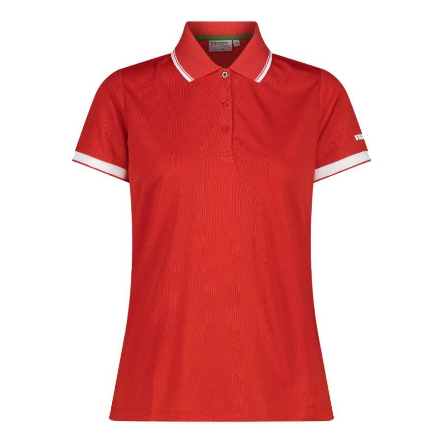 Introducing the Fendt Women’s Poloshirt in Red (Product Code: X99102205C) by AGCO. This vibrant red polo shirt features chic white trim on the collar and sleeve edges. It incorporates Dry Function technology and an odour inhibiting treatment to ensure lasting freshness.