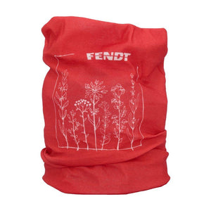 The Fendt - Neck Warmer - X991022062000 by AGCO is a versatile and unisex accessory made from recycled polyester. It features red fabric adorned with "FENDT" text at the top and is accented with an intricate white floral design below, making it perfect for a variety of activities.