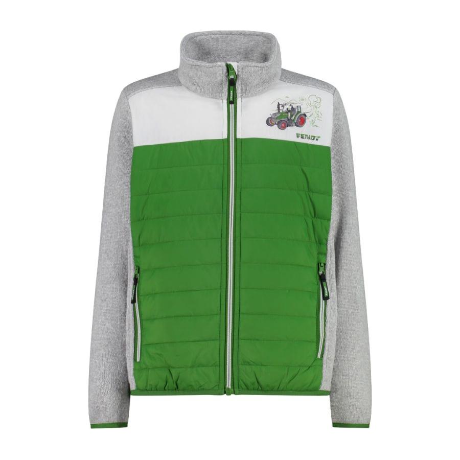 The AGCO Fendt - Kid's Hybrid Jacket (X99102207C) is a green and gray children's jacket made from water-resistant synthetic fiber, featuring a white chest panel, a tractor graphic on the left side of the chest, and convenient side zipper pockets.