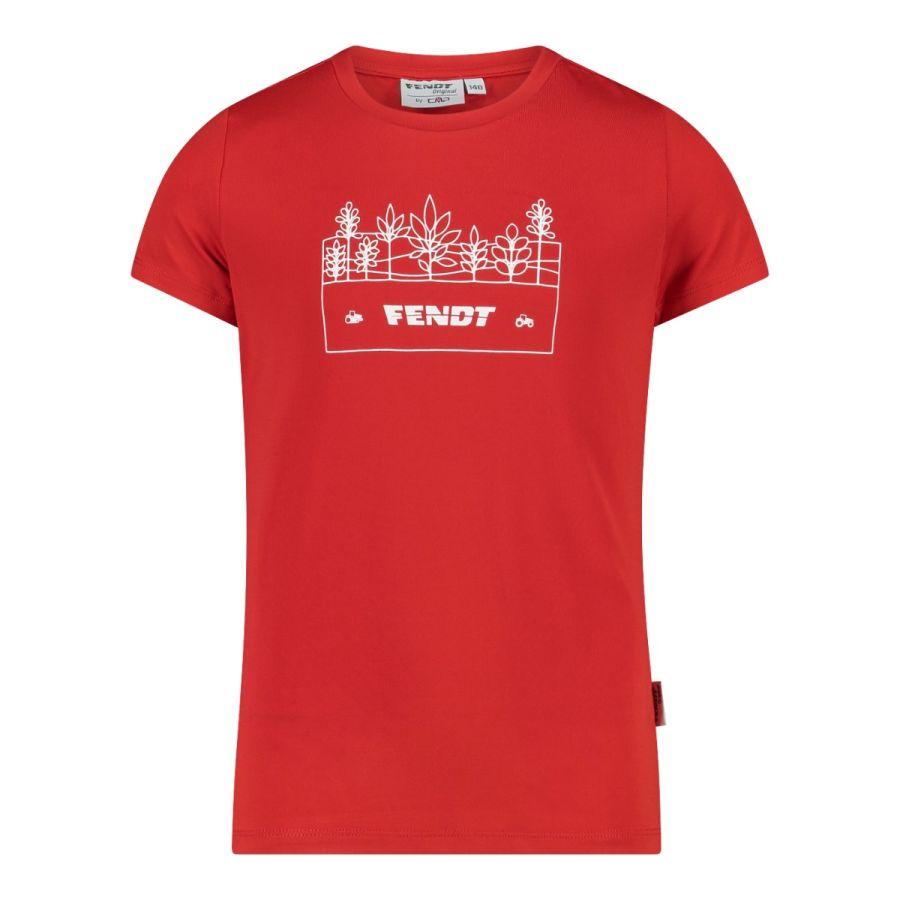 Unisex children's red T-shirt from AGCO, featuring a white line drawing of plants above the word "FENDT" on the front, with Dry Function technology for moisture control. This is the Fendt- Kid's T-Shirt "Nature" - X991022088C.