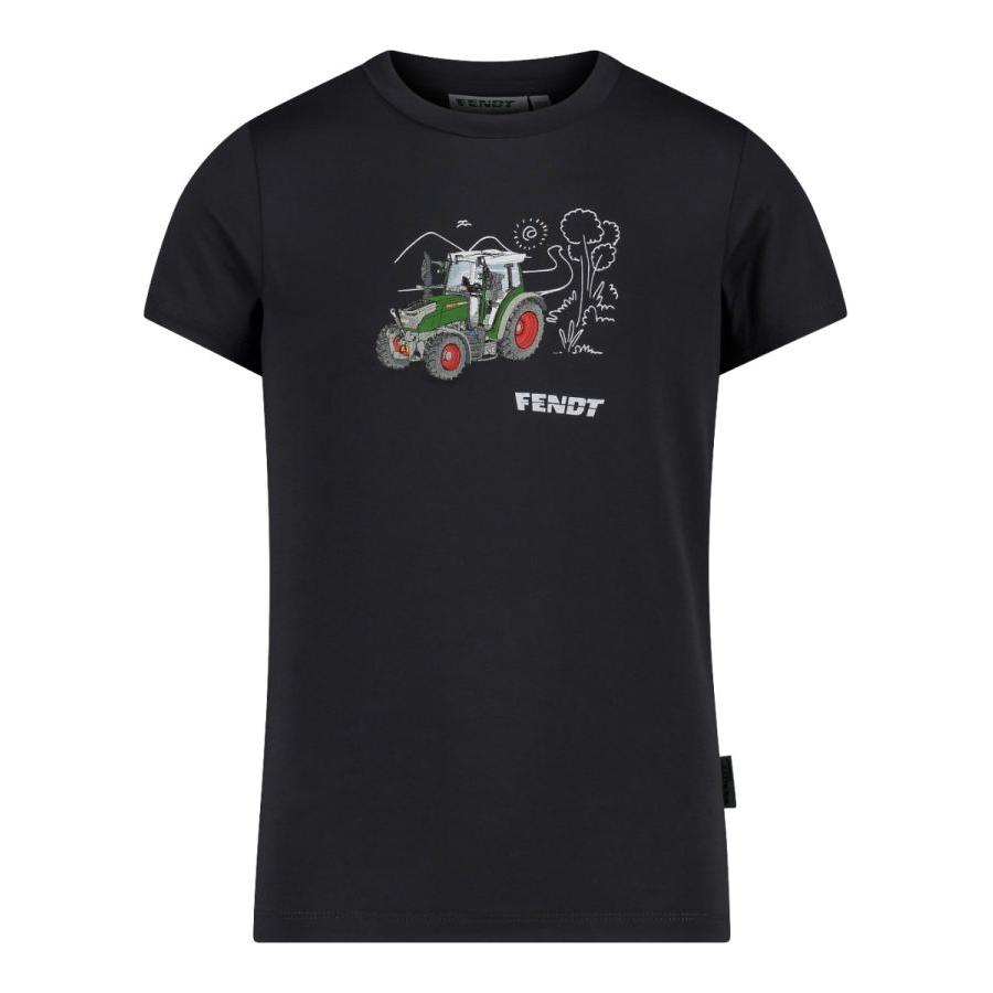 The Fendt - Kid's T-Shirt "Tractor" (X99102208C) by AGCO is a black unisex children's T-shirt featuring a cartoon tractor graphic with the word "Fendt" below, designed with Dry Function technology for moisture control and odour inhibiting treatment to keep kids fresh.