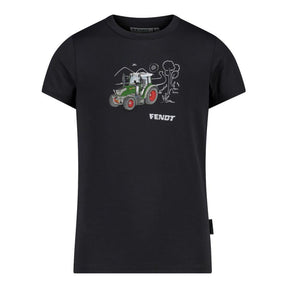 The Fendt - Kid's T-Shirt "Tractor" (X99102208C) by AGCO is a black unisex children's T-shirt featuring a cartoon tractor graphic with the word "Fendt" below, designed with Dry Function technology for moisture control and odour inhibiting treatment to keep kids fresh.