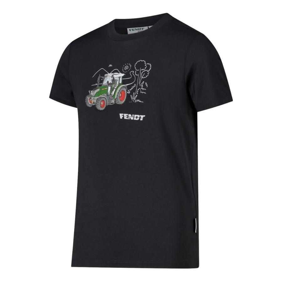 AGCO's Fendt - Kid's T-Shirt "Tractor" (X99102208C) is a black, short-sleeved unisex children's T-shirt featuring a Fendt tractor graphic and logo on the front, boasting Dry Function technology and odour-inhibiting treatment.