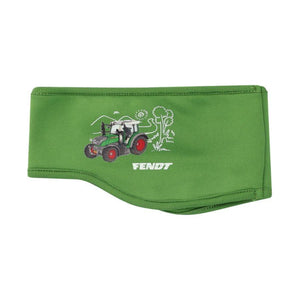 Introducing the Fendt - Kids Headband - Tractor (X991022096000) by AGCO, a green headband adorned with a vibrant print of a tractor, trees, and the sun. The word "FENDT" is elegantly written below the illustration. Made from Stretch Performance fleece for ultimate comfort, this headband is perfect for children as an earmuff.