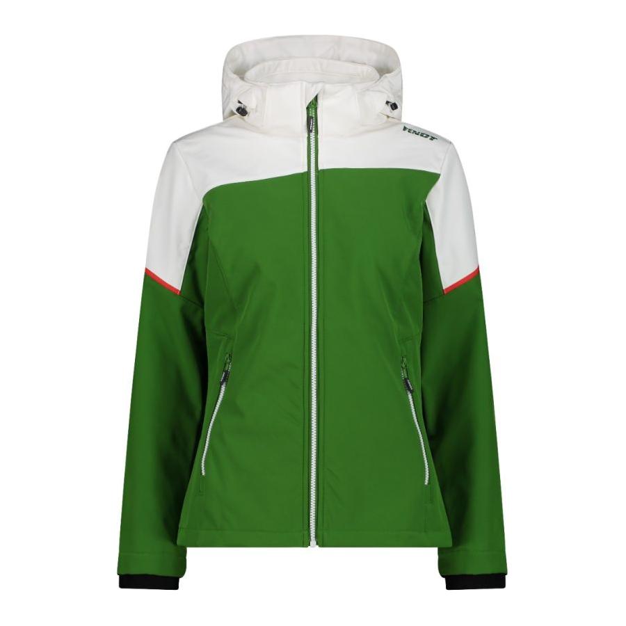 The Fendt - Women's Softshell Jacket (X9910220C-1) by AGCO in green and white features a front zipper, two zippered pockets, and a detachable hood. The brand name "AGCO" is visible on the shoulder, offering both style and water protection.