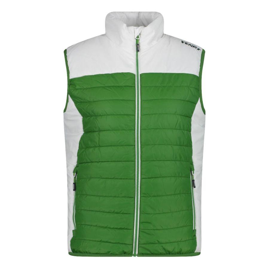 Front view of the AGCO Fendt – Women’s Vest (X9910220C-2) in a sleeveless green and white design, featuring a full-length zipper, two side pockets, and water-resistant PFC-free fabric.