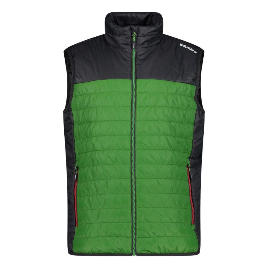 Fendt - Men's Vest - X9910220C: Sleeveless green quilted vest made by AGCO, featuring a black yoke, red zipper accents on the side pockets, and a front zip closure. Crafted from water-repellent material for enhanced durability.