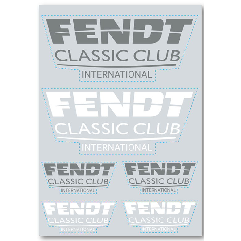 The Fendt - Car sticker set - X991022148000 from AGCO features a variety of "Fendt Classic Club International" logos in multiple fonts and styles, meticulously arranged on a grid. The transparent film background with light grey accents enhances each unique design, making them ideal for car stickers.