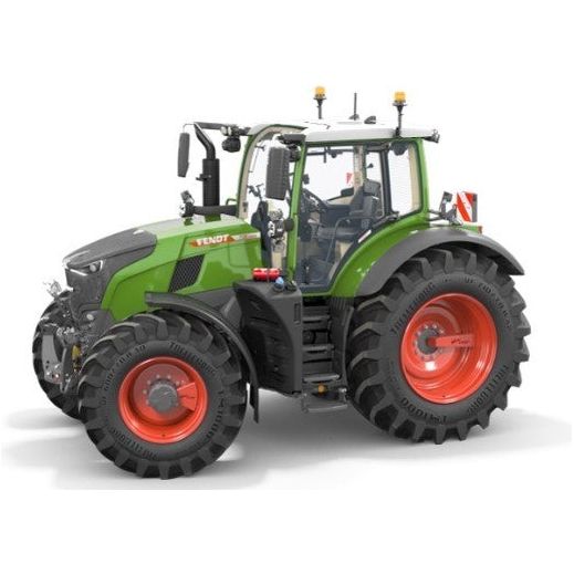 A green and black AGCO Fendt 728 Vario Scale 1:32 (X991022223000) tractor, equipped with large rubber tires and orange rims, featuring a closed cab with glass windows and various controls and attachments.