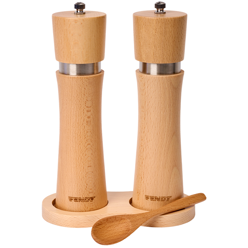 The Fendt - Salt and pepper mill set - X991022243000 by AGCO includes two beech wood mills, stored in a matching wooden holder, and comes with a small wooden spoon. Each mill is equipped with a durable ceramic grinding mechanism to ensure perfect seasoning every time.