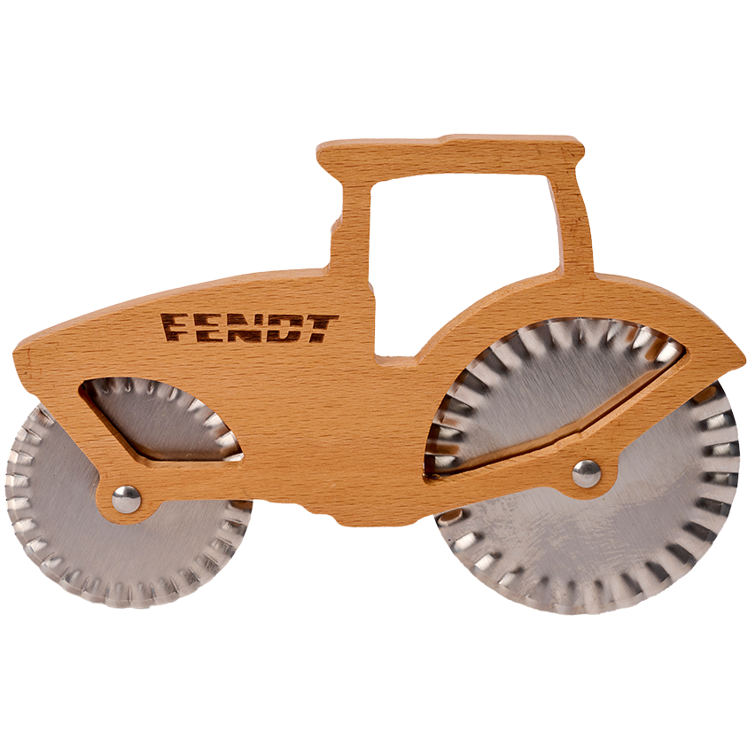 Effortlessly slice your favorite pizza with the Fendt Pizza Cutter by AGCO, designed to resemble a Fendt tractor with two sharp cutting wheels and the "FENDT" inscription for an authentic touch.