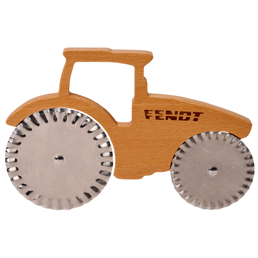 The Fendt - Pizza cutter - tractor (X991022244000) by AGCO features a delightful wooden body shaped like a tractor, complete with metal wheels and "Fendt" engraved on it, offering a charming blend of functionality and signature Fendt tractor design.