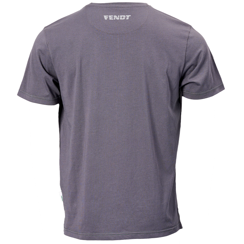 The Fendt "Fendt Gen7" T-shirt by AGCO, item number X991022251000, is a grey short-sleeve shirt crafted from comfortable cotton and features the word "Fendt" printed near the neckline on the back. With its subtle reflective effect, this stylish and safe shirt is ideal for any casual outing.