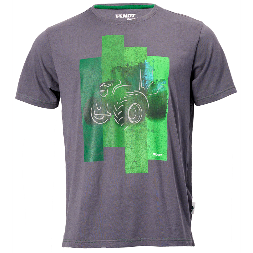 The AGCO Fendt - T-shirt "Fendt Gen7" (X991022251000) is a comfortable gray cotton T-shirt featuring a green graphic of a tractor on the front, with the word "Fendt" prominently displayed at the top center, showcasing the Fendt Gen7 Artwork Motif.