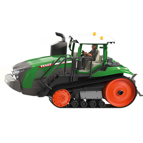 A side view of the green Fendt 1167 Vario MT tracked tractor with an orange-topped cab and large red wheels reveals a driver seated inside. This Bluetooth-controlled RC model from AGCO, featuring the SIKU CONTROL system, offers precision and realism for tractor enthusiasts. The product name is Fendt - Fendt 1167 Vario MT with Bluetooth App control & remote control module - X991023001000.
