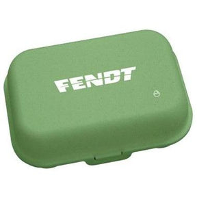 This green rectangular case with rounded edges, featuring the word "FENDT" in white text on the top, is the Fendt - Eggbox to Go from AGCO's Fendt Natural Line Collection (X991023039000). It doubles as a reusable egg carton, offering a sustainable food solution.