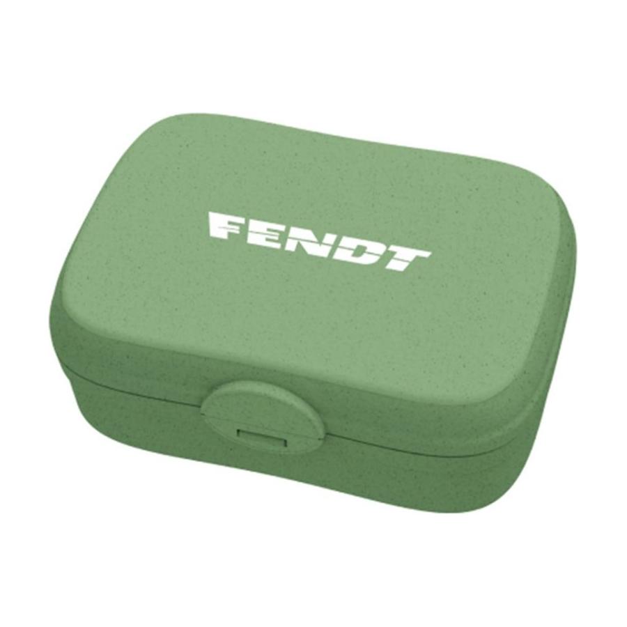 Green rectangular case with rounded edges, featuring the words "Fendt Lunchbox" in white text on the lid, part of the Fendt Natural Line Collection (X991023040000) by AGCO.