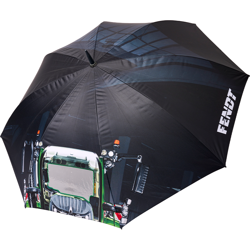 A black large cane umbrella featuring a vision panel with the Fendt Gen7 tractor and Fendt logo, by AGCO (product code: X991023042000).