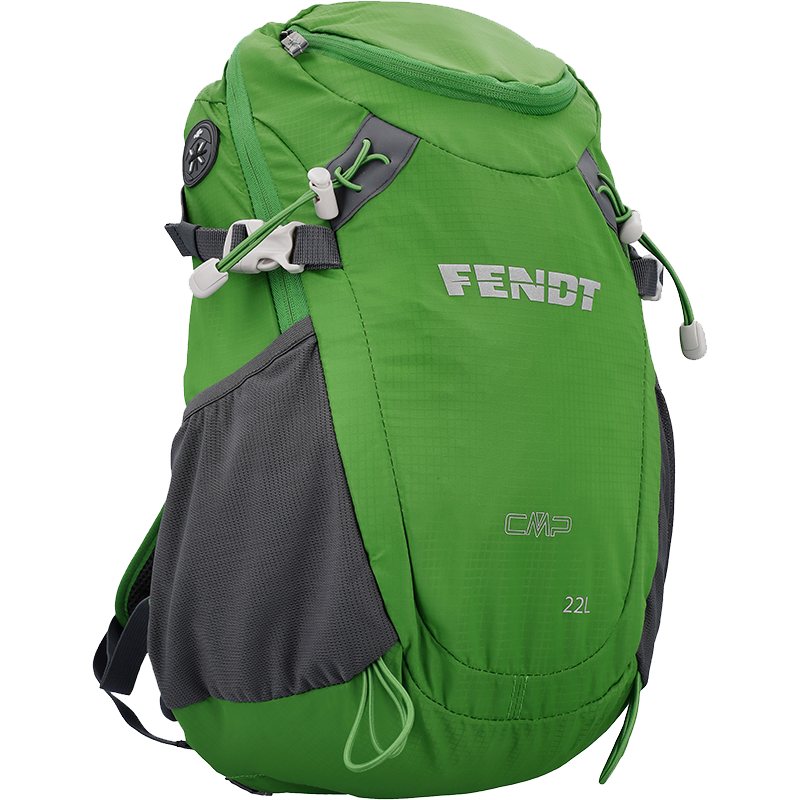 The Fendt "Katana" hiking backpack from AGCO (Product Code: X991023043000) features green and gray accents, a front zippered pocket, multiple straps, and mesh side pockets. This 22-litre backpack, labeled "CMP 22L," is crafted from tear-resistant nylon for enhanced durability.