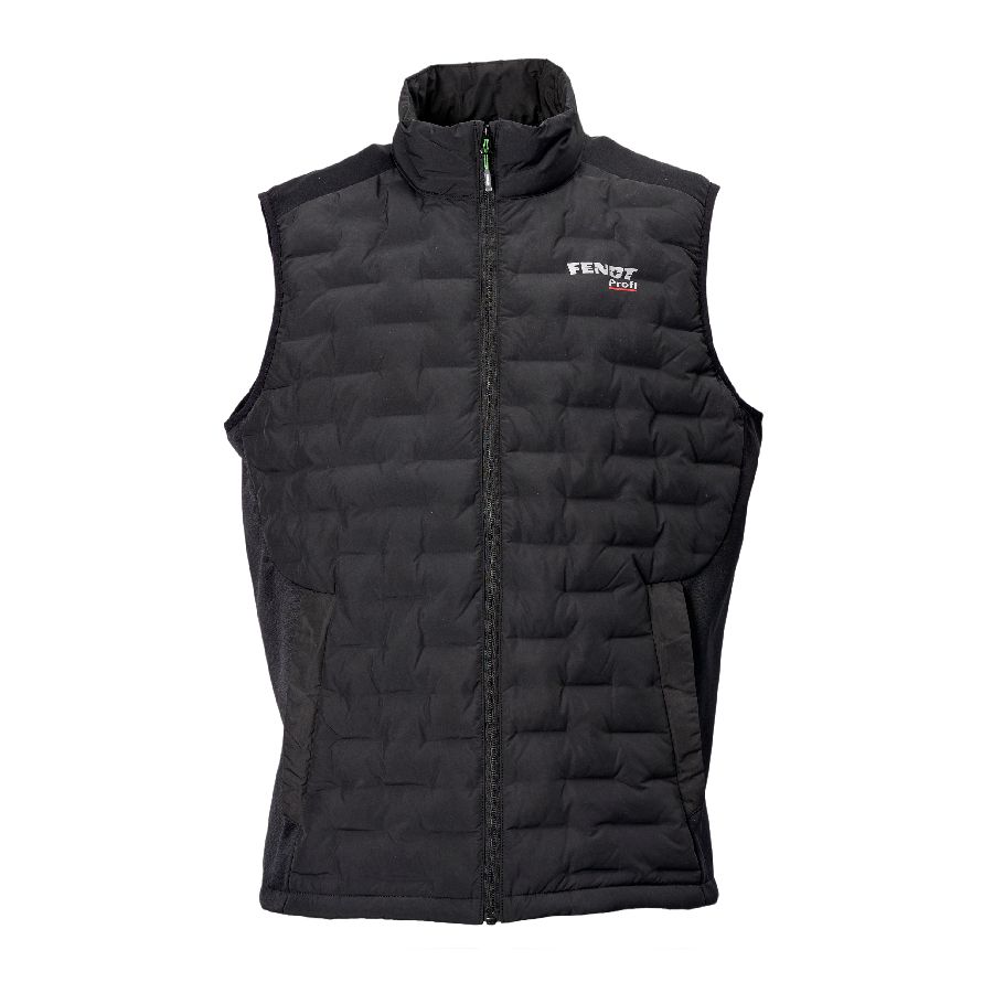 An anthracite, sleeveless quilted gilet with a zip closure, featuring power stretch inserts and the text "Fendt 720 Vario" embroidered on the left chest, from AGCO's Fendt - Men’s Profi collection (X99102304C).