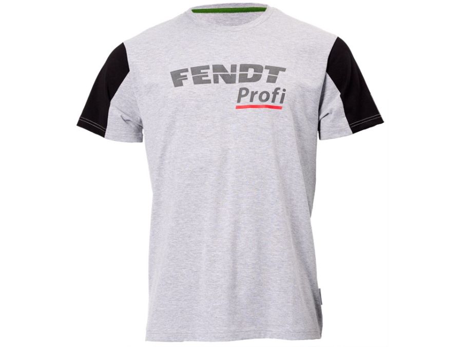 Introducing the AGCO Fendt - Profi T-Shirt, a sporty gray tee with black sleeves, crafted from blended fabric for high wear comfort and featuring a reflective "FENDT Profi" logo printed on the front.