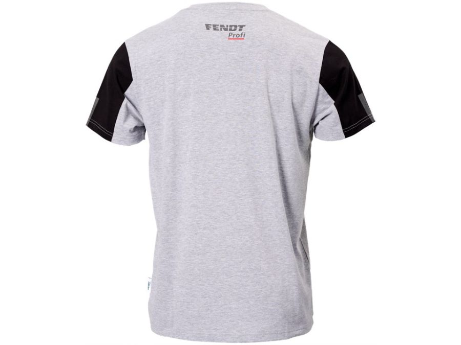 Back view of the Fendt - Profi T-Shirt, featuring a sporty gray design with black shoulder patches and a reflective "FENDT Profi" logo printed on the upper back for optimum comfort. This AGCO product, made from blended fabric (X991023059000), ensures high wear comfort.