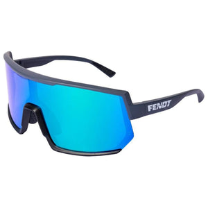 Close-up of black-framed sporty sunglasses with blue mirrored lenses. The brand name "AGCO" is displayed on the side, offering stylish protection against UVC radiation. These are the Fendt sports sunglasses by Uvex, model X991023150000.