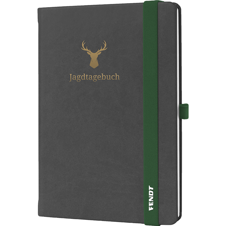 Introducing the Fendt - Hunting book (X991023151000) by AGCO, a black notebook with a green elastic band and an elegant gold deer head illustration on the ProTouch cover. The design includes "Jagdtagebuch" text and features a convenient pen holder on the side. Inside, the hunting book offers a checked interior, ideal for organizing your thoughts and plans.