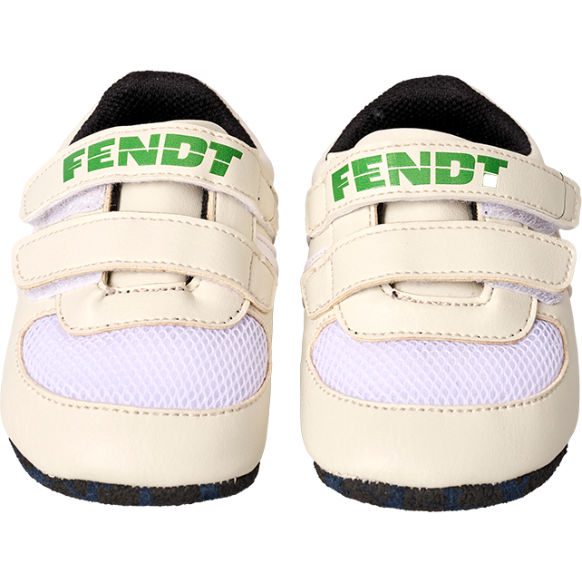 A perfect newborn gift, the AGCO Fendt One Size Baby Shoes in beige and white feature green "FENDT" branding and practical Velcro fasteners for easy wear.