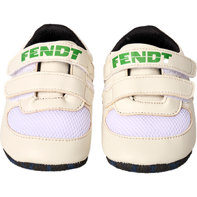A perfect newborn gift, the AGCO Fendt One Size Baby Shoes in beige and white feature green "FENDT" branding and practical Velcro fasteners for easy wear.