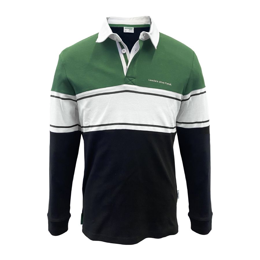 The Fendt - Long Sleeve Polo Shirt by AGCO (X9910232C) is a stylish 100% cotton rugby shirt featuring green, white, and black horizontal stripes. It includes a white collar and has the phrase "Leaders Drive Fendt" embroidered on the chest.