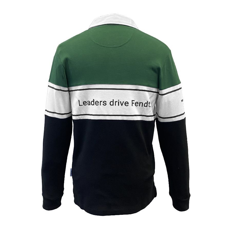 A green, white, and black AGCO Fendt Long Sleeve Polo Shirt (Product Code: X9910232C) made of 100% cotton with "Leaders drive Fendt" text on the back.